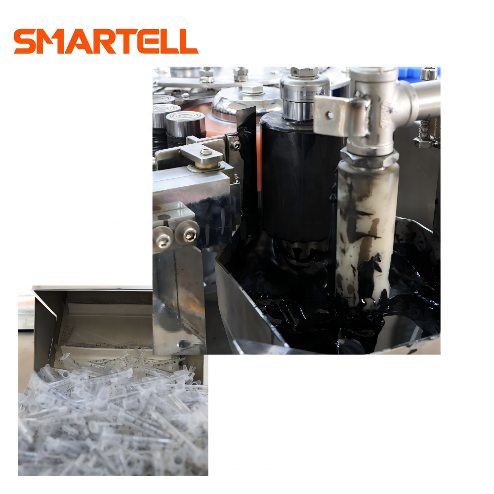 Machine d'impression automatique de barils de seringues avec trémie centrifuge et pulvérisation d'huile de silicone